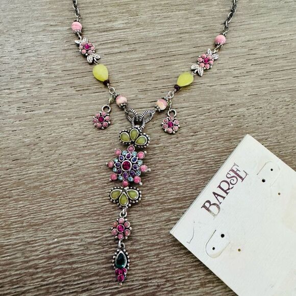 Barse 925 Silver Crystal Pink Green Spring Floral Cascading Necklace - Picture 1 of 5
